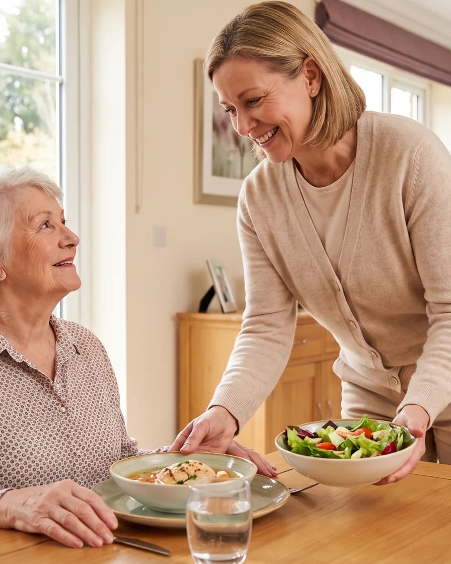A caregiver serving a fresh meal to an older adult in a warm residential dining room