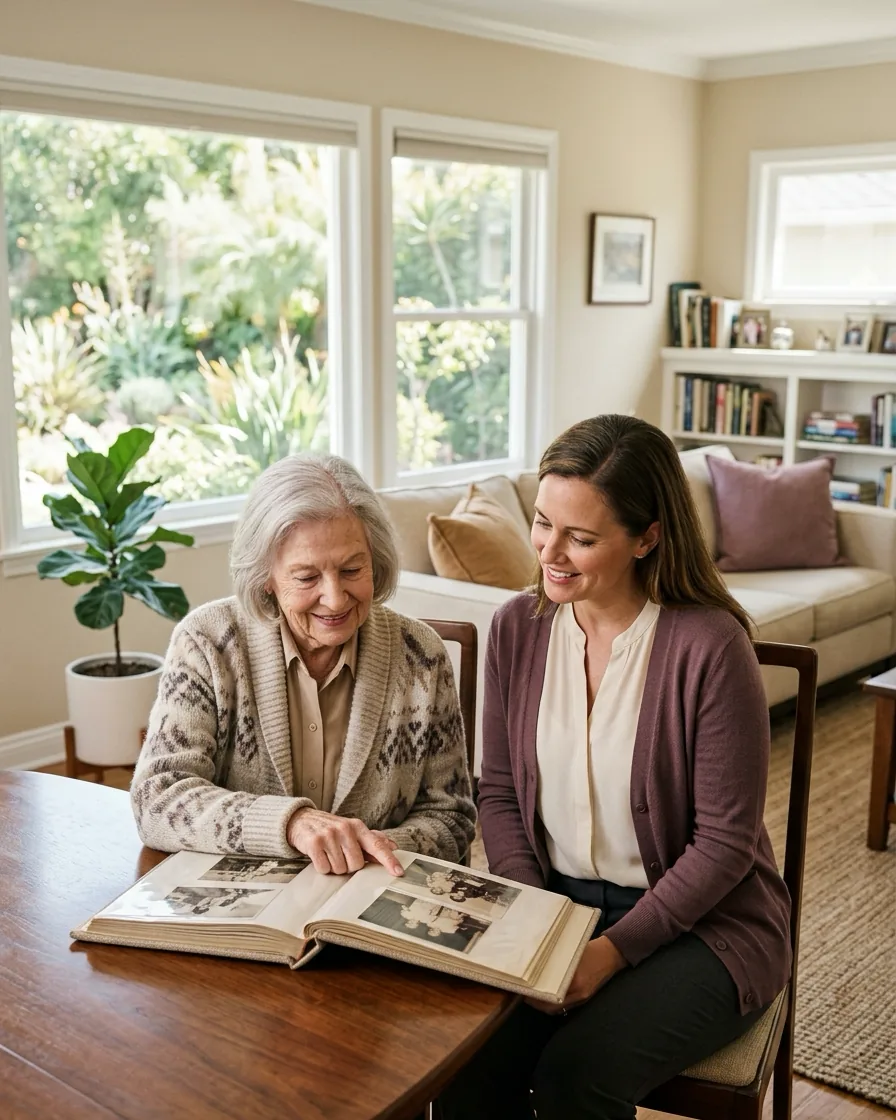 A caregiver and older adult looking through a family photo album together