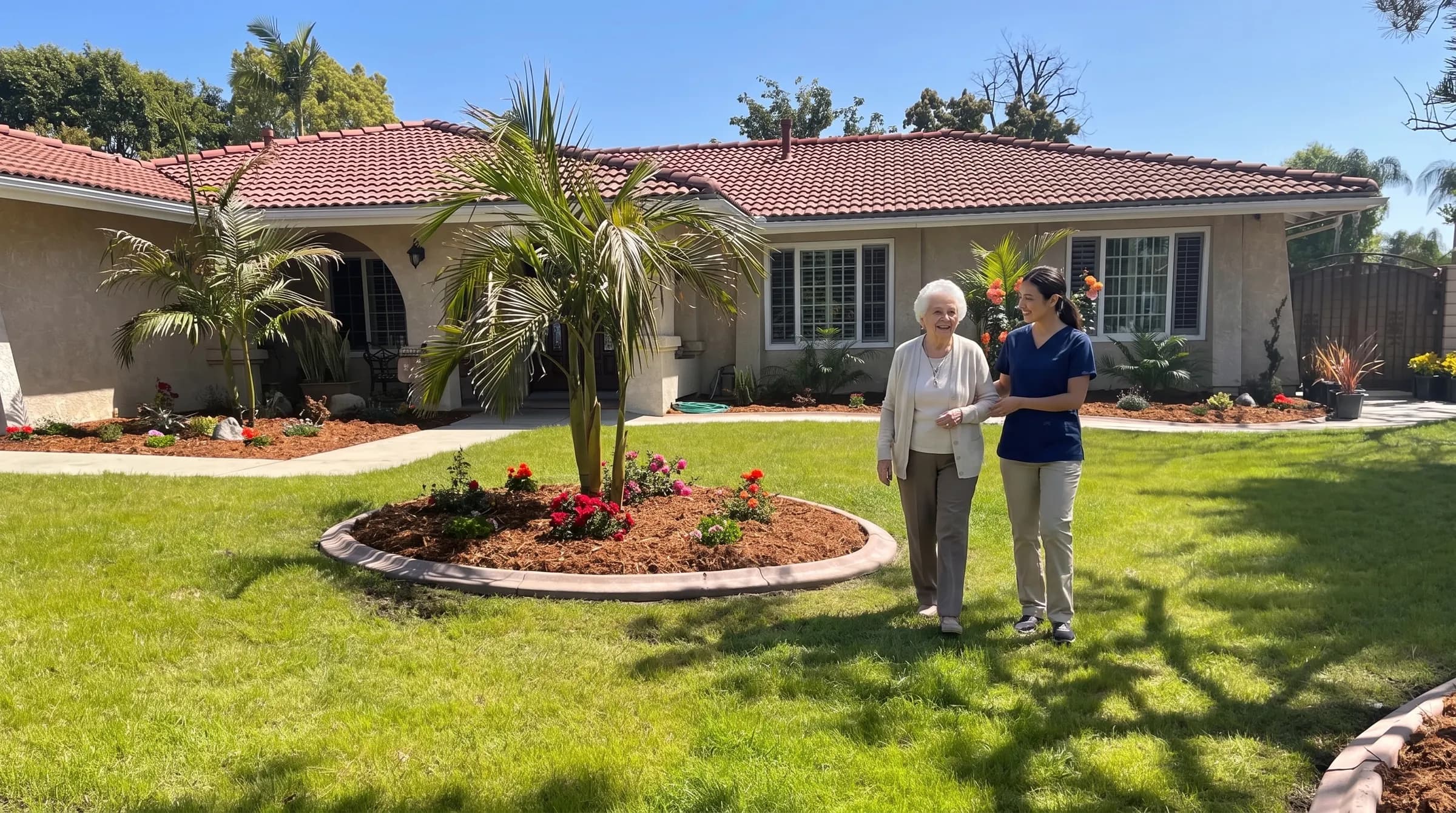 Older adult walking with a caregiver in front of La Casita Residential Care