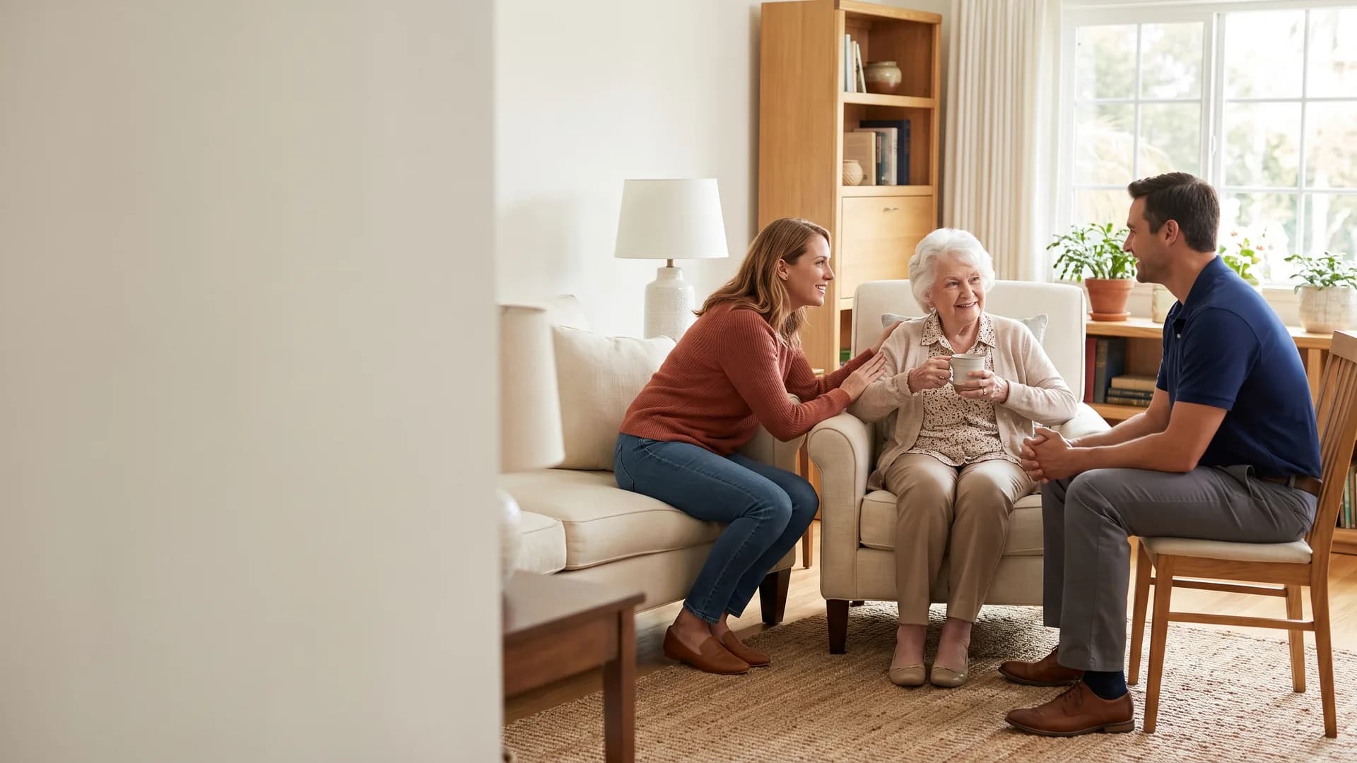 An older adult enjoying a relaxed conversation with family members at home