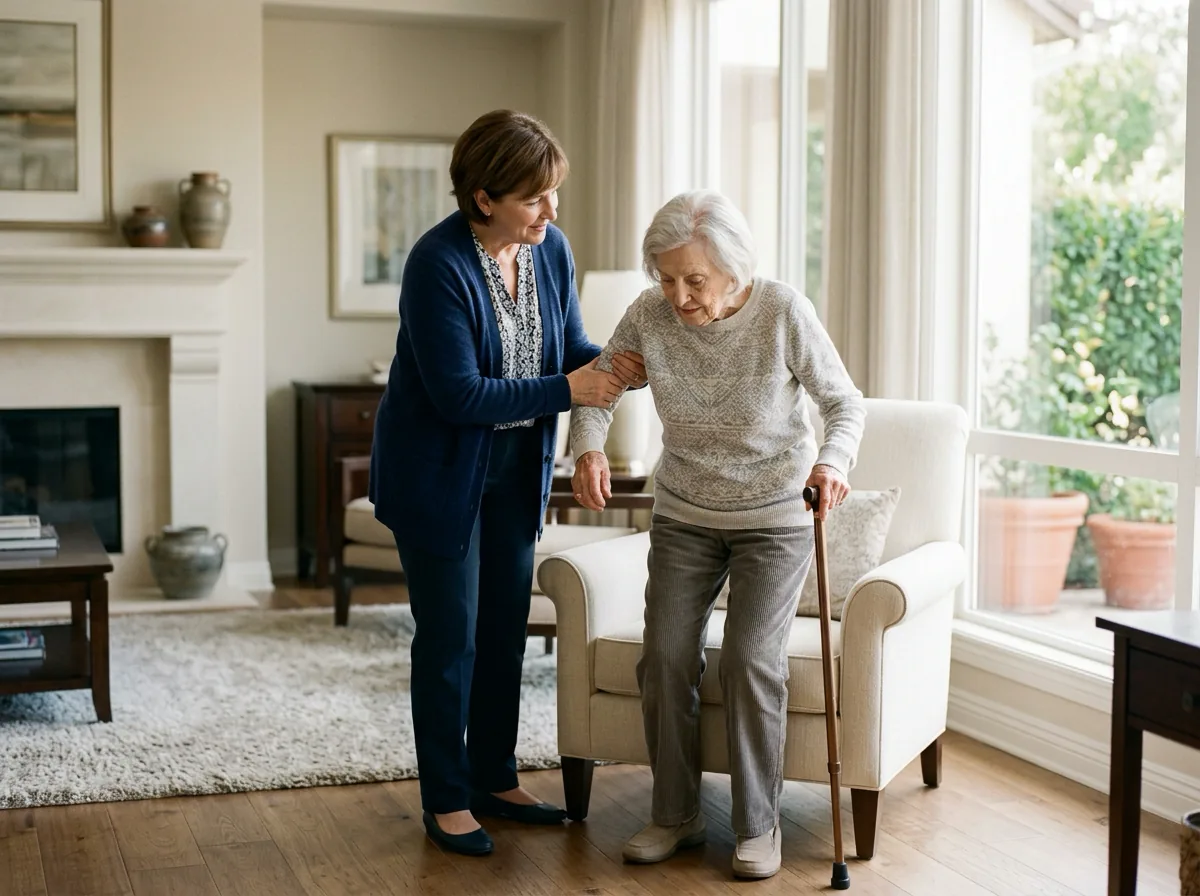 A caregiver helping an older adult steady herself with a cane in a comfortable living room