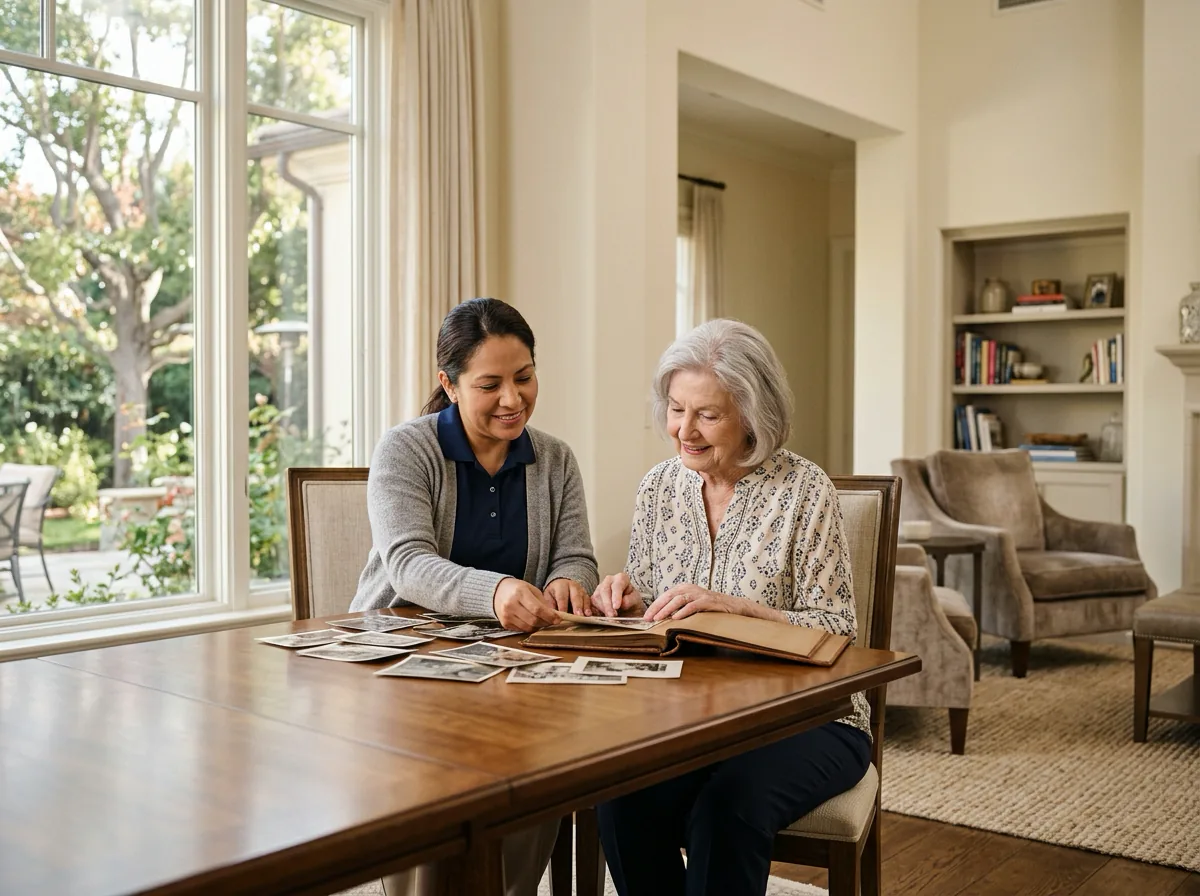 A caregiver looking through old photographs with an older adult in a quiet, sunlit room